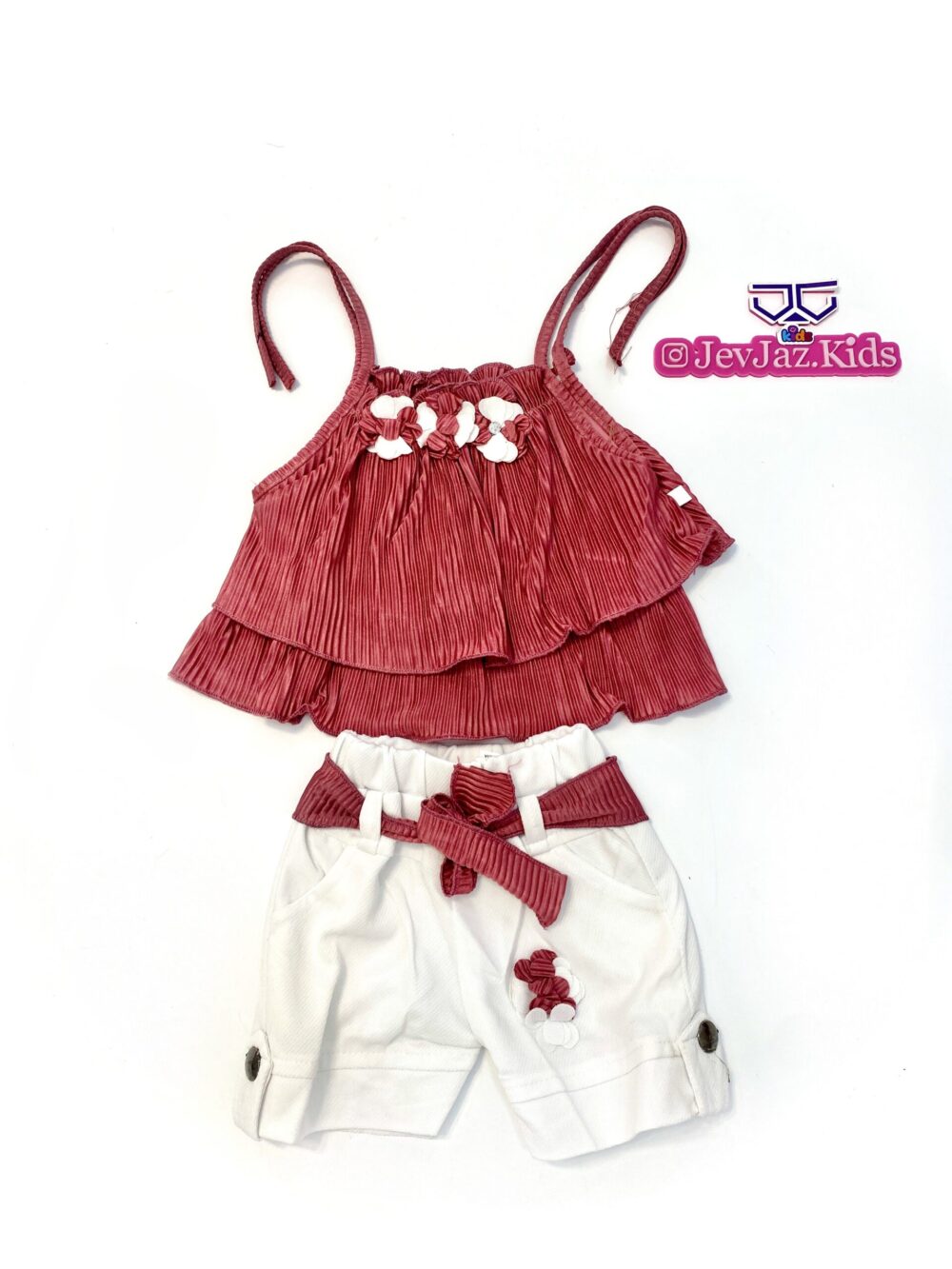 2 PCS WHITE SHORTS & PLETED TOP (Dark Coral)