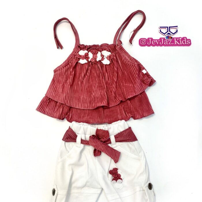 2 PCS WHITE SHORTS & PLETED TOP (Dark Coral)