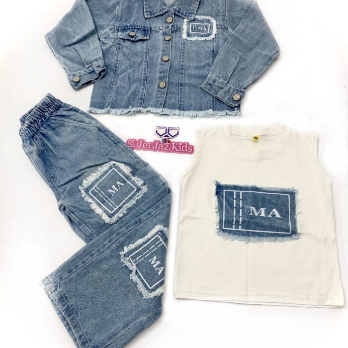 3PCS, DEMIN PANT, TOP, JACKET WHITE TOP