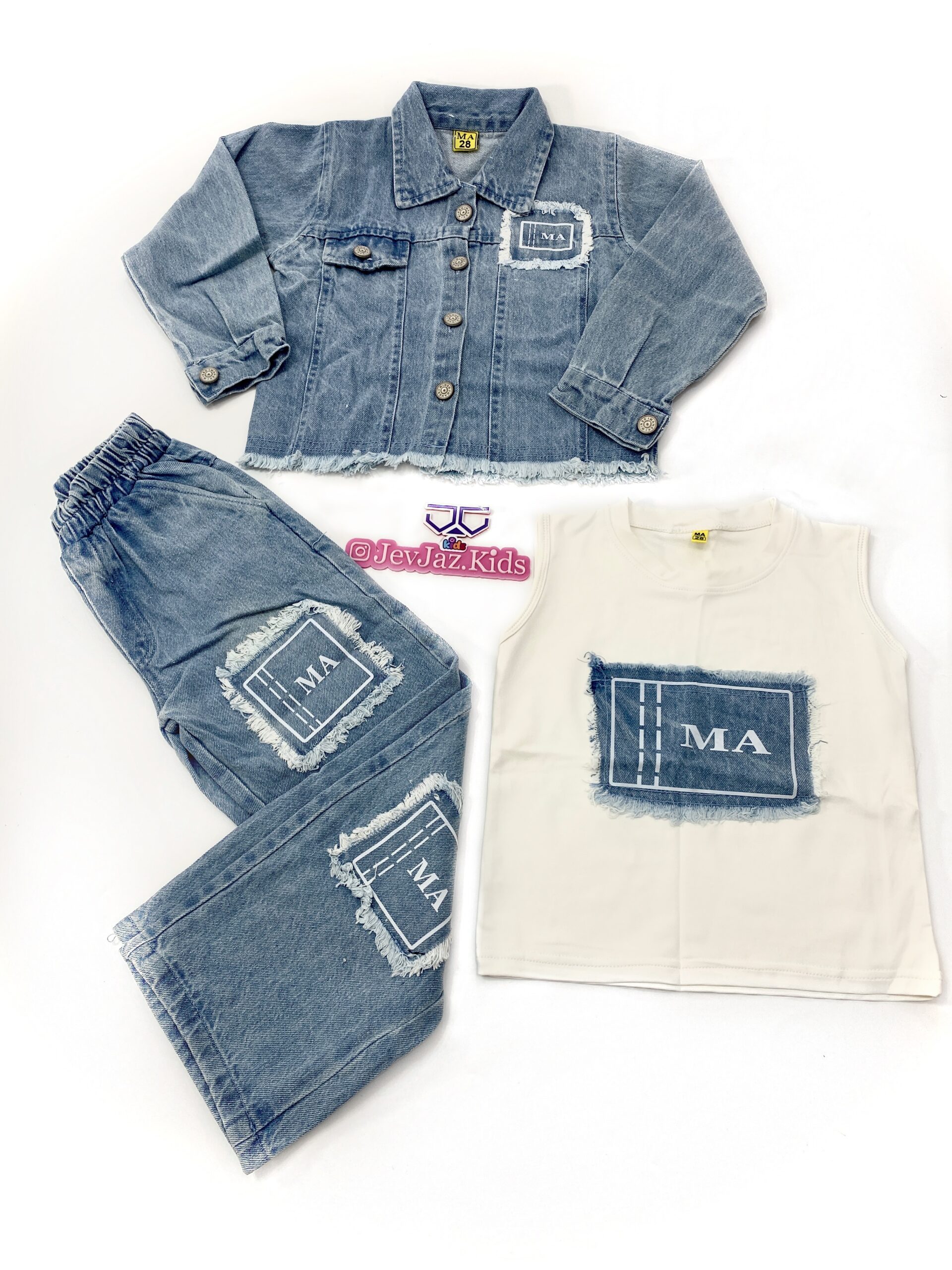 3PCS, DEMIN PANT, TOP, JACKET WHITE TOP, 1colour, denim(5yrs, 1pc), 6-11yrs,2pcs, 15k, 26k