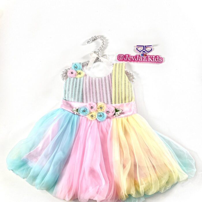 MULTI-COLOR 3 TONE DRESS WITH PUFF (Pink)