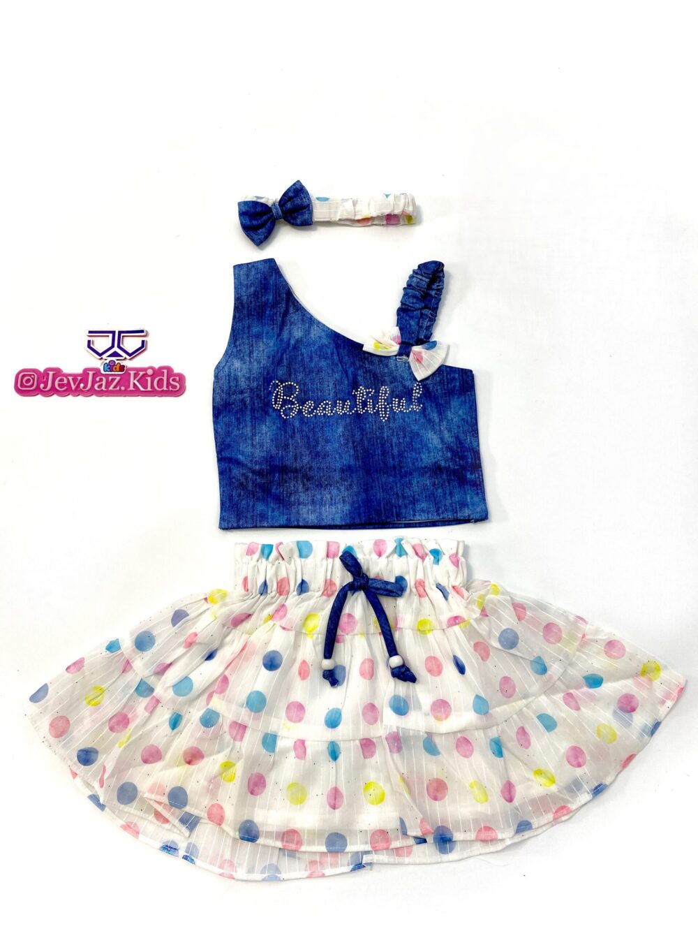 3PCS BEAUTIFUL POLKA DOT MULTICOLOURED SKIRT, TOP AND HEADBAND