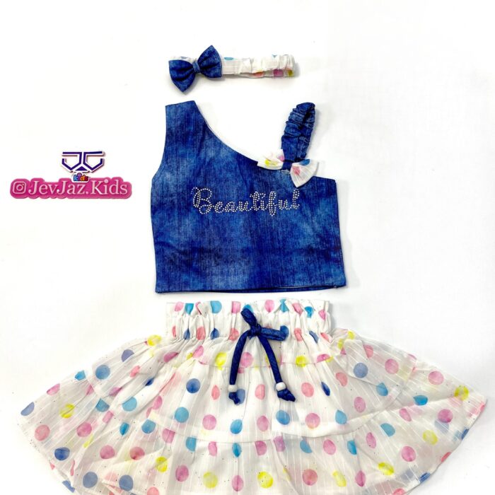 3PCS BEAUTIFUL POLKA DOT MULTICOLOURED SKIRT, TOP AND HEADBAND