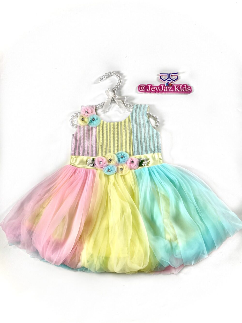 MULTI-COLOR 3 TONE DRESS WITH PUFF (Blue) - Image 4