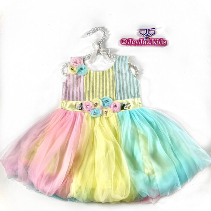 MULTI-COLOR 3 TONE DRESS WITH PUFF (Yellow)