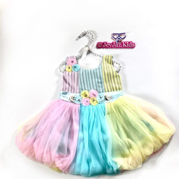 MULTI-COLOR 3 TONE DRESS WITH PUFF (Blue)