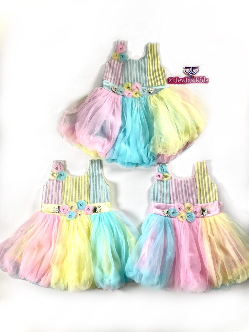 MULTI-COLOR 3 TONE DRESS WITH PUFF (Blue) - Image 2