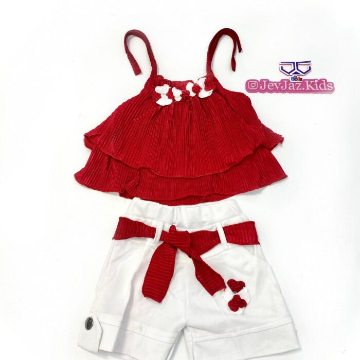 2 PCS WHITE SHORTS & PLETED TOP (Red)