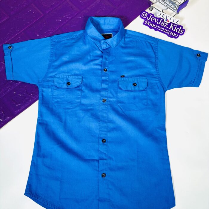 SR PLAIN DRESS SHIRT SHORT SLEEVE DOUBLE POCKET BUTTON DOWN (BLUE)
