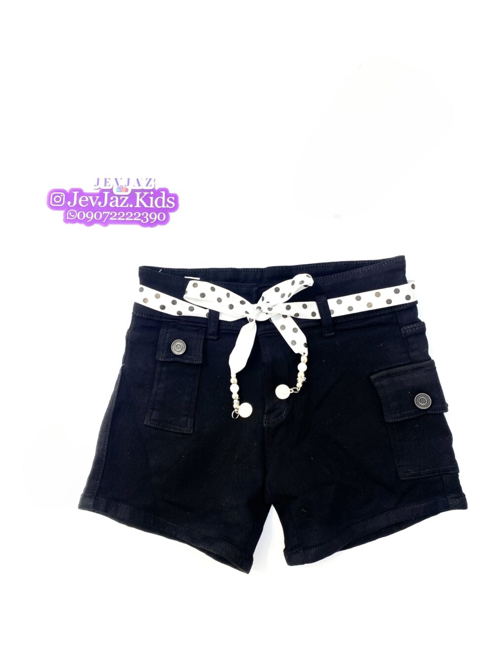 DENIM BLACK SHORT WITH POLKA DOT ROPE