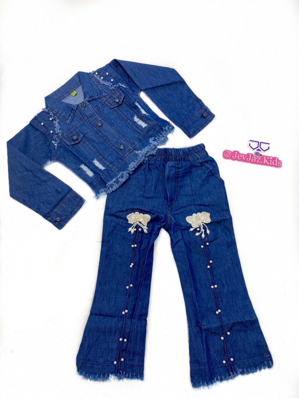 2PCS DENIM JACKET AND TROUSER WITH PEARLS