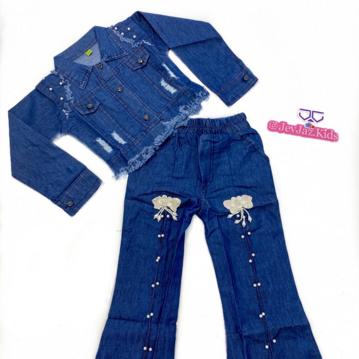 2PCS DENIM JACKET AND TROUSER WITH PEARLS