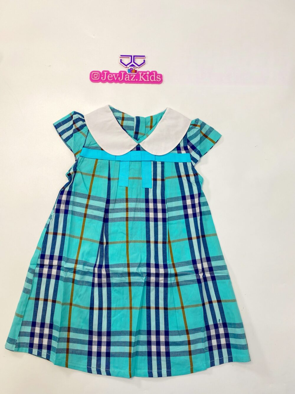 CHECK DRESS WHITE COLLAR (Sky blue)