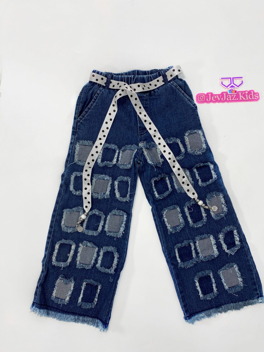 DENIM CARGO BLOCK PANT WITH WHITE POLKA DOT BELT (Blue)