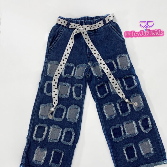 DENIM CARGO BLOCK PANT WITH WHITE POLKA DOT BELT (Blue)