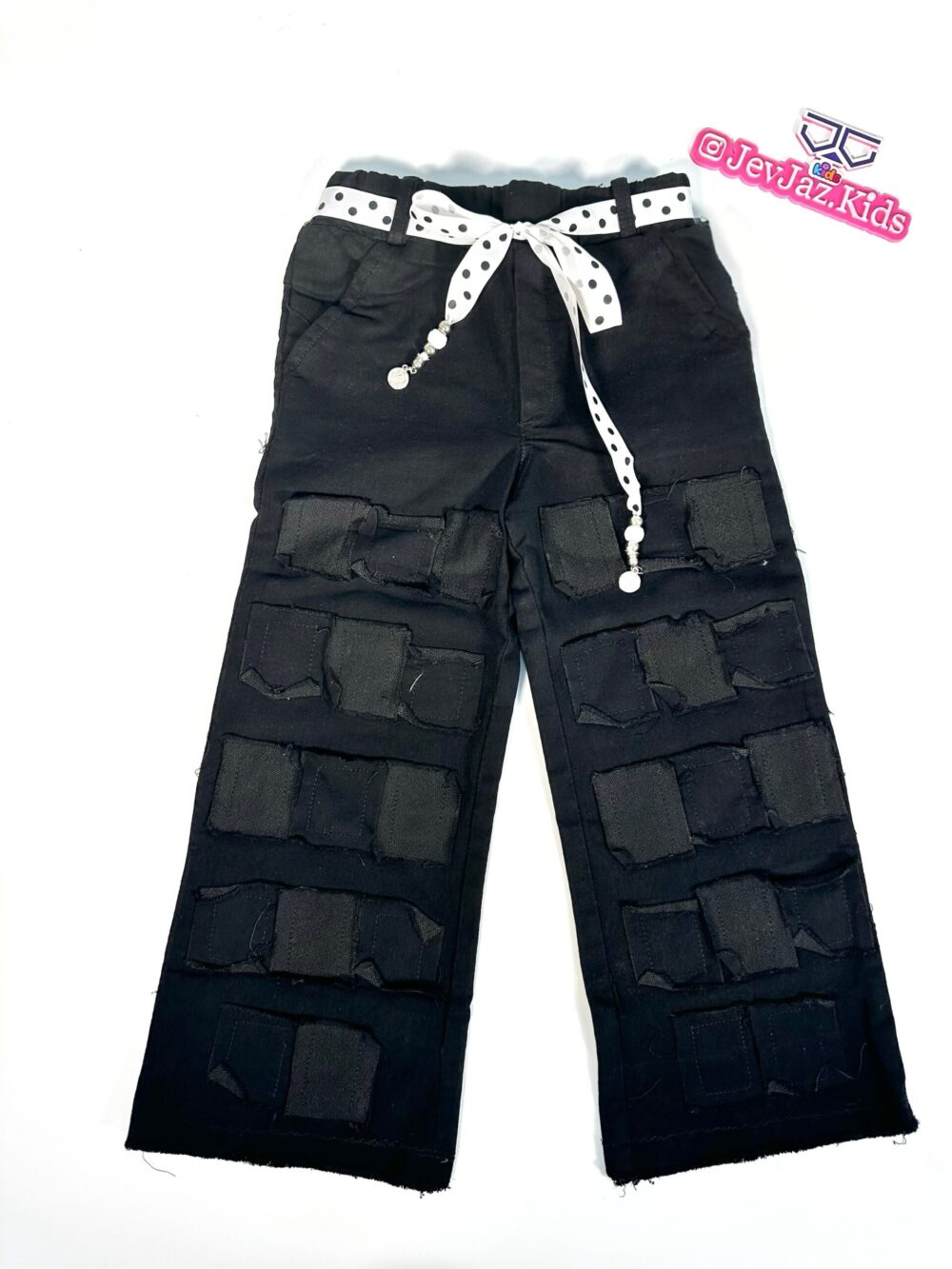 DENIM CARGO BLOCK PANT WITH WHITE POLKA DOT BELT (Black)