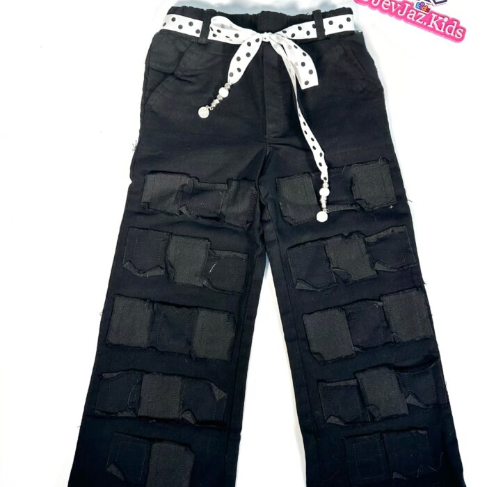 DENIM CARGO BLOCK PANT WITH WHITE POLKA DOT BELT (Black)