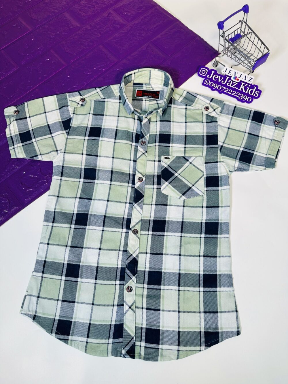 SR CHECK DRESS SHIRT SHORT SLEEVE BUTTON DOWN (Navy blue/Green)