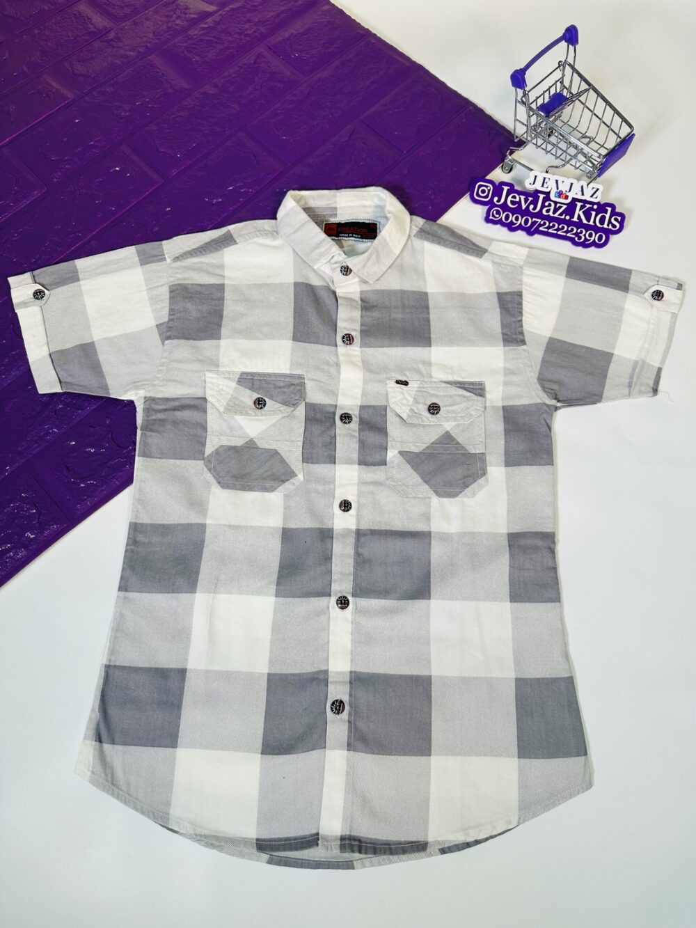 SR CHECK DRESS SHIRT SHORT SLEEVE BUTTON DOWN (Grey / White)