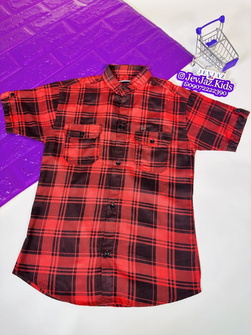 SR CHECK DRESS SHIRT SHORT SLEEVE BUTTON DOWN (RED / BLACK)
