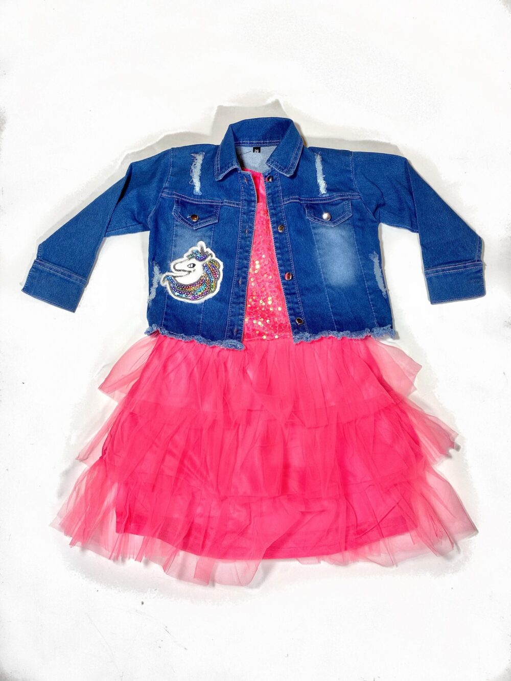 2PCS UNICORN DENIM JACKET AND TULLE SEQUIN DRESS (Pink)