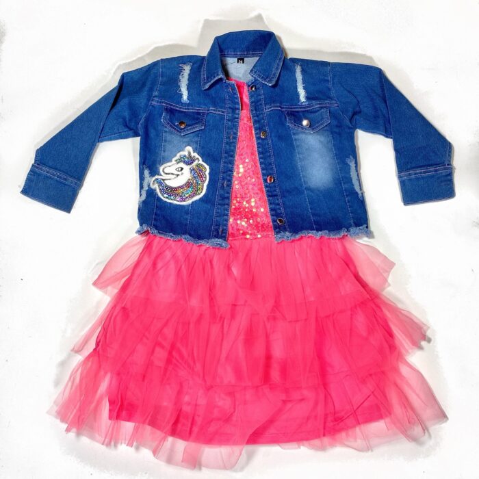 2PCS UNICORN DENIM JACKET AND TULLE SEQUIN DRESS (Pink)