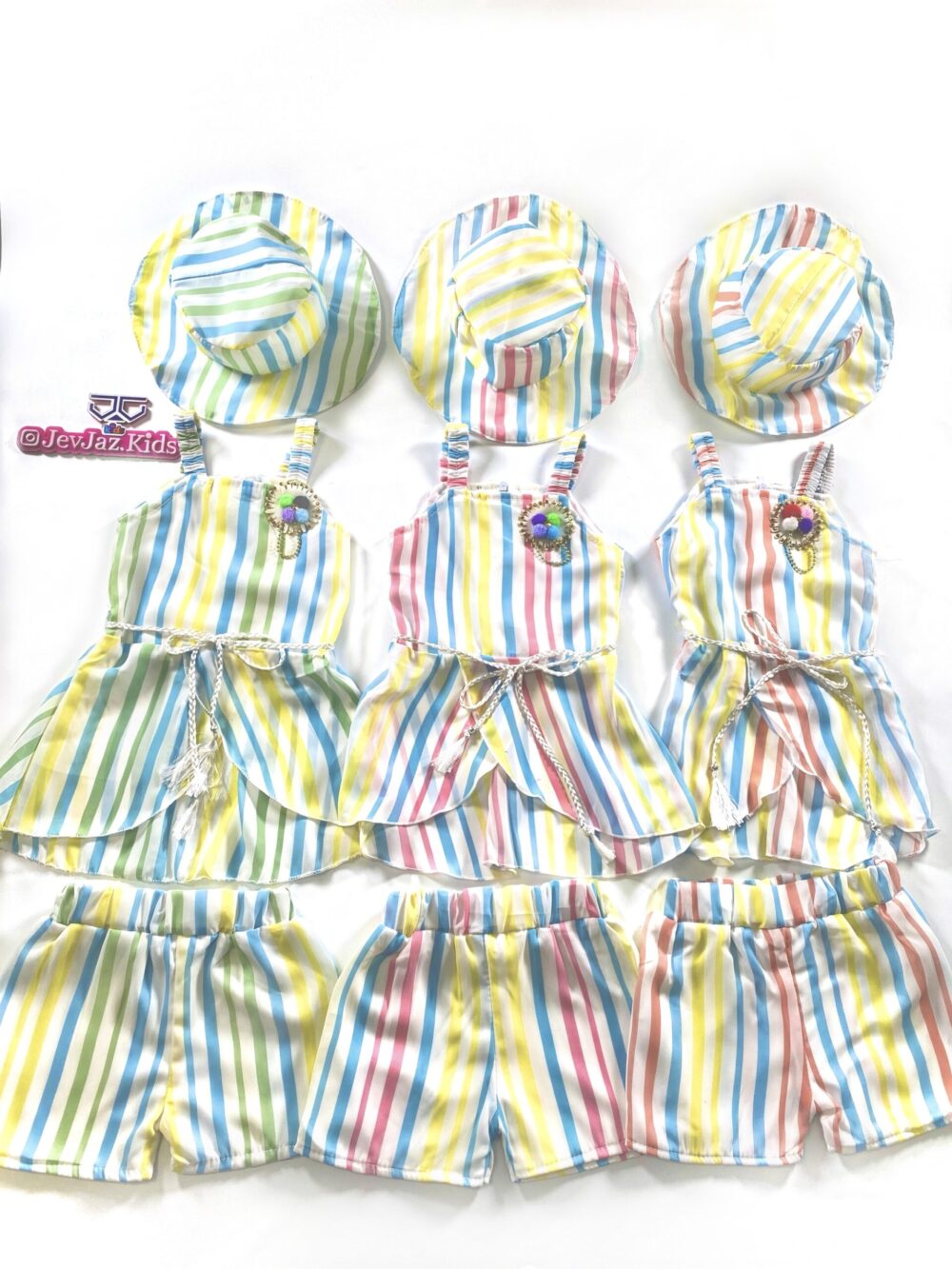3 PCS MULTICOLOURED DRESS WITH BUCKET HAT
