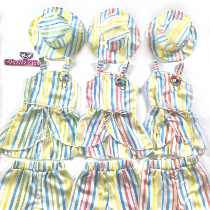 3 PCS MULTICOLOURED DRESS WITH BUCKET HAT