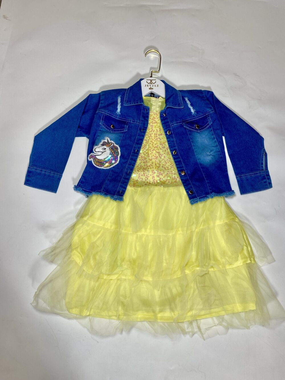 2PCS UNICORN DENIM JACKET AND TULLE SEQUIN DRESS (Yellow)