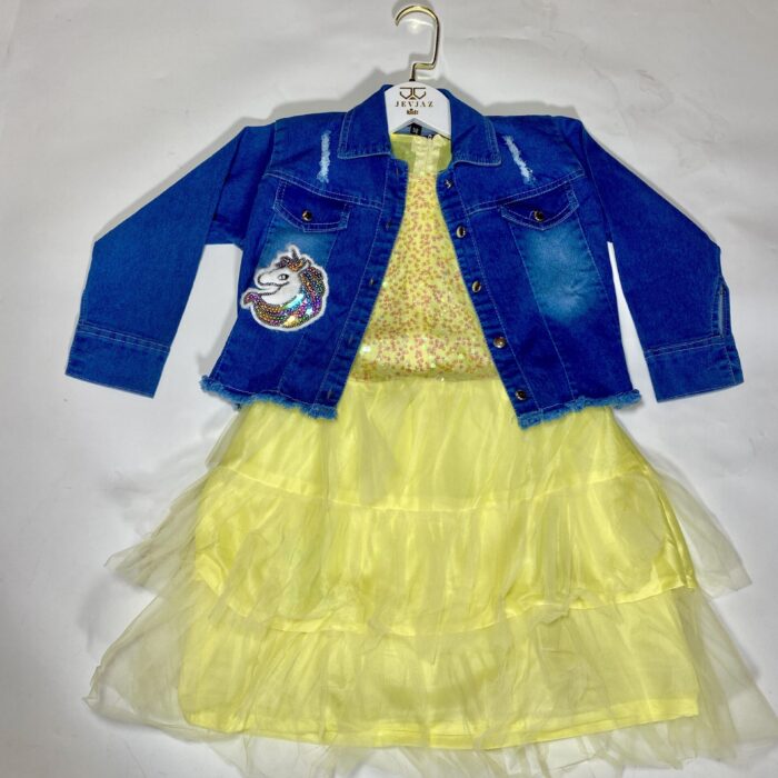 2PCS UNICORN DENIM JACKET AND TULLE SEQUIN DRESS (Yellow)