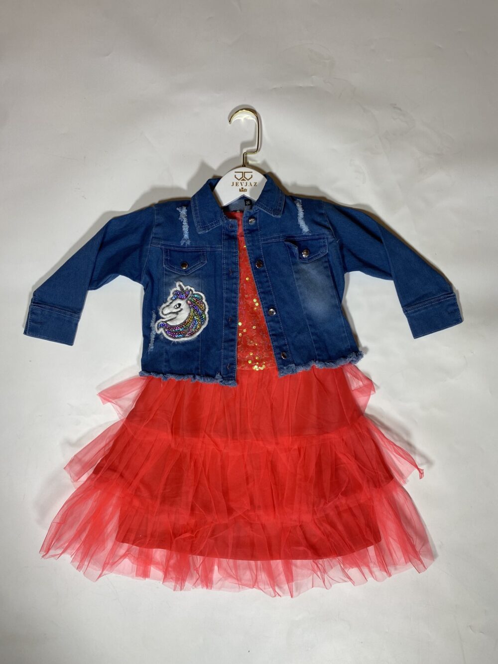 2PCS UNICORN DENIM JACKET AND TULLE SEQUIN DRESS (RED)