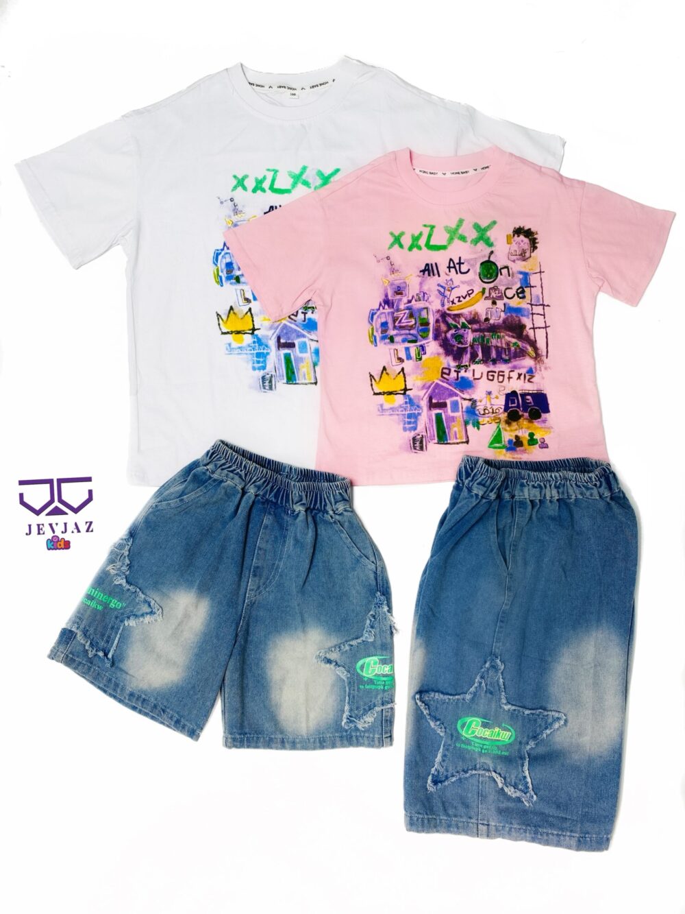 2 PCS DENIM SHORT AND WHITE TOP XXZ
