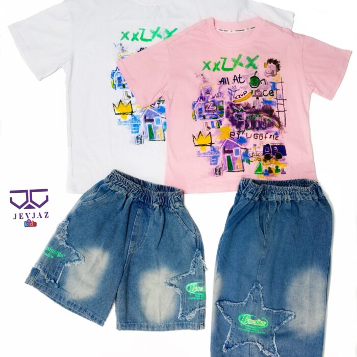 2 PCS DENIM SHORT AND WHITE TOP XXZ