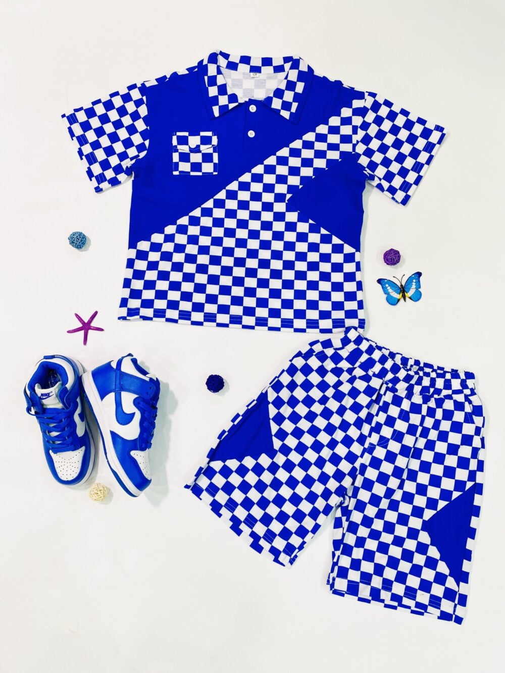 2PCS BLUE-WHITE CHECK TOP AND SHORT