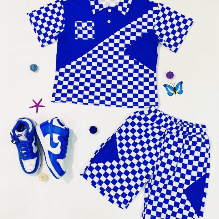 2PCS BLUE-WHITE CHECK TOP AND SHORT